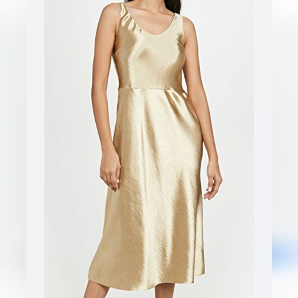 Vince Dress Size 2 Gold Metallic Fluster Stretch‎ Satin Midi